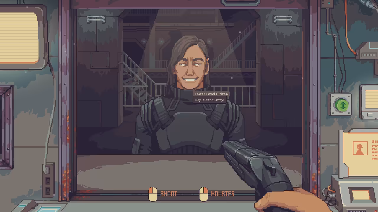 First-person view through the shop window with a pistol held in the right hand and a grinning long-haired man beyond it.