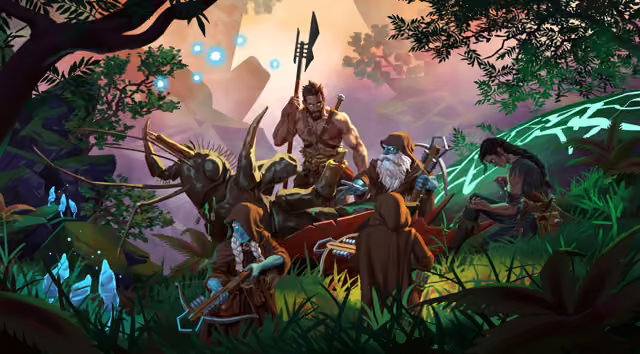 Painted artwork of a bare-chested Viking with an atgeir standing over a huge dead beetle-like creature with long mandibles, flanked by blue-skinned Dvergr with crossbows and a seated warrior, in a lush forest with glowing wisps