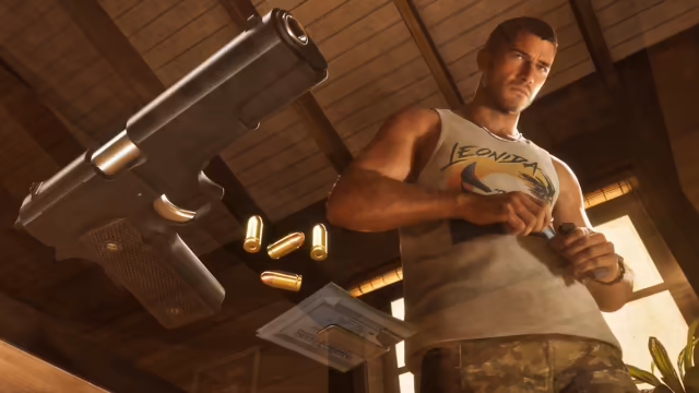 A low-angle view of a man in a Leonida tank top and camouflage shorts pushing rounds into a magazine under a wooden ceiling, with a large silver pistol, four brass bullets and a slip of paper falling in the foreground.