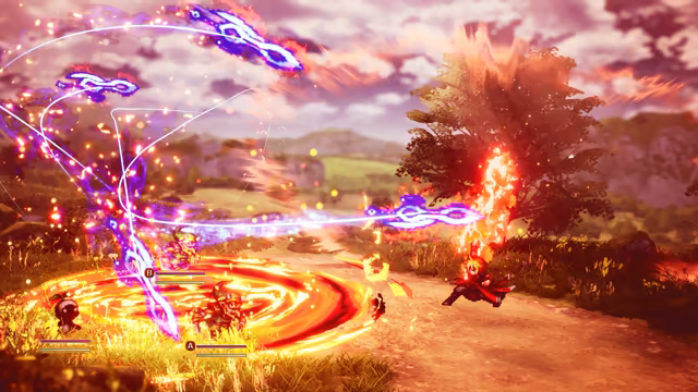 A pixel-art battle in a meadow at sunset: rings of flame on the ground, columns of fire and arcs of glowing purple light fly over two small enemies with health bars, with a figure in red at right.