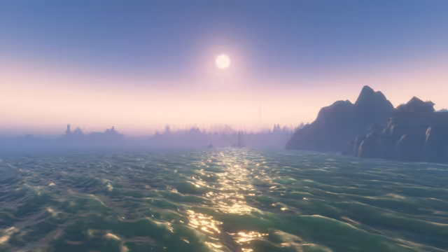 Seen from just above the water, rolling green waves catch a trail of light from a pale white disc in a blue and violet sky. On the misty horizon stand the faint silhouettes of towers, spires and trees, and on the right a dark rocky headland carries a stone building with a pagoda-like roof.
