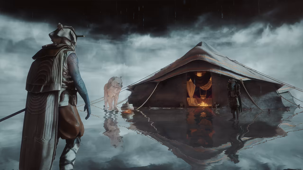 Gray storm clouds and light rain over a sheet of still water that reflects everything like a mirror. In the left foreground a figure in a quilted hood and cloak, one bare arm covered in dark tattoos, looks toward a large peaked tent held by ropes, its entrance glowing warm orange with draped cloth and candles inside. A pale wolf stands to the left of the tent and a bearded figure in dark armor stands at its right. No game interface is shown.