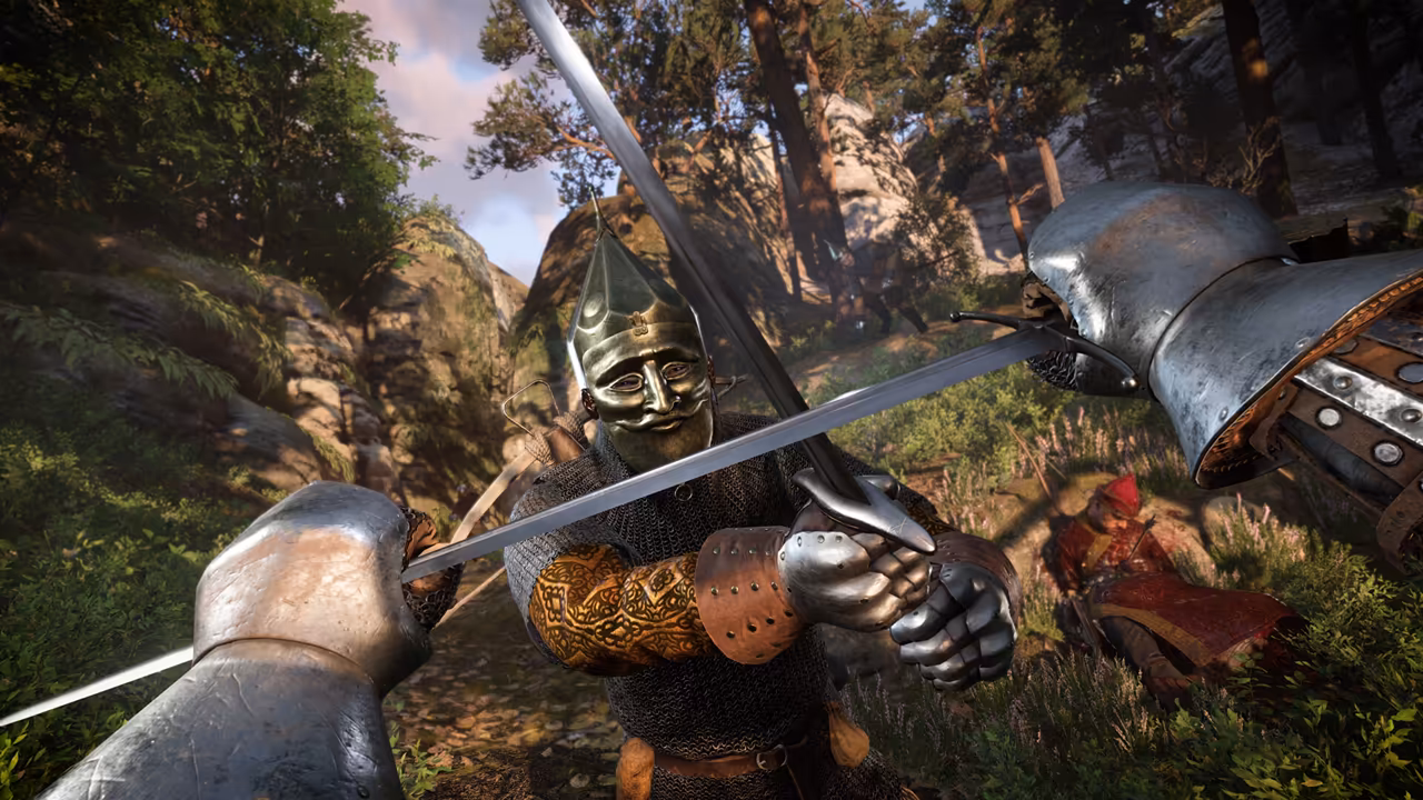 Close first-person view of two crossed swords between armored gauntlets; the enemy wears mail and a pointed helmet with a metal face mask, in a rocky forest clearing with a body in red lying on the ground.