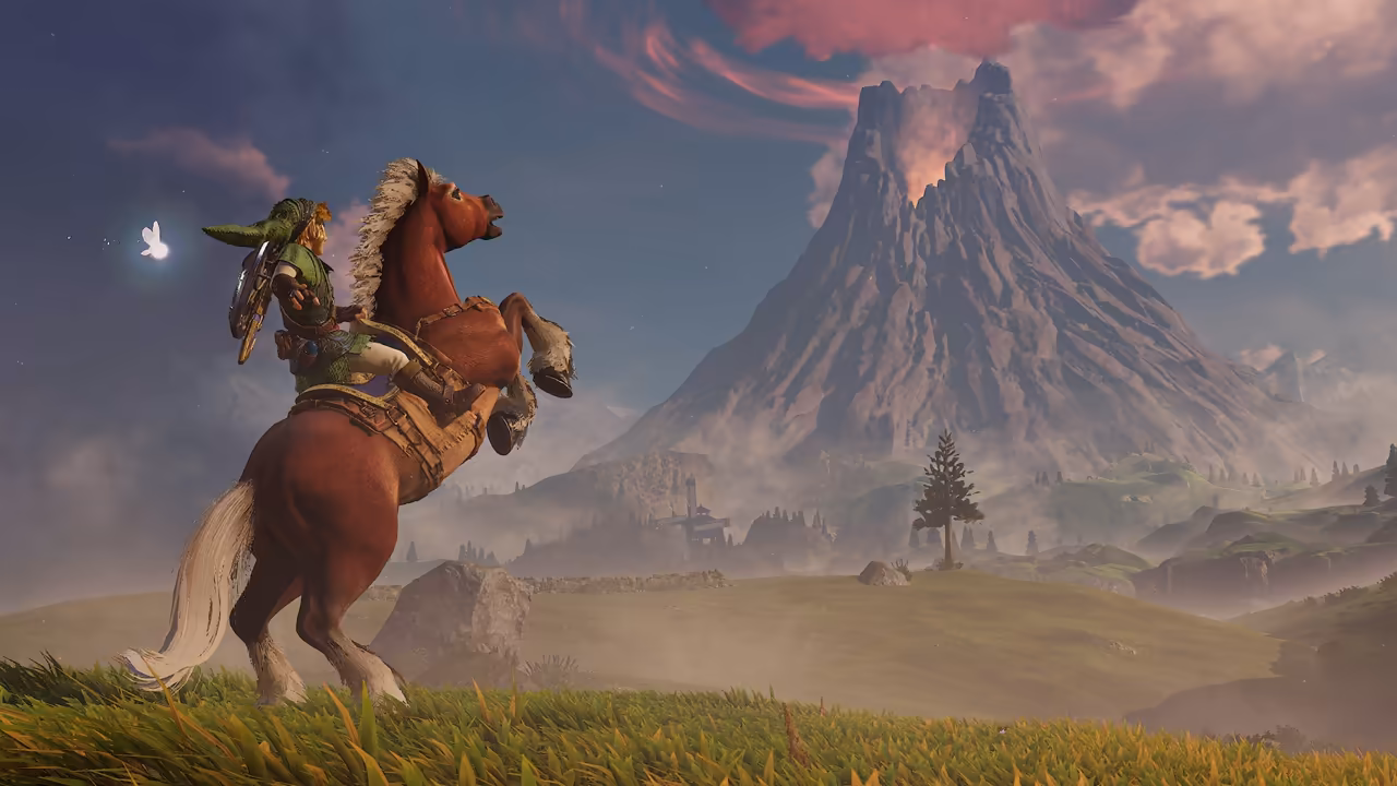 On a grassy rise under a blue sky with pink clouds, a young man in a green tunic and cap, a blue shield on his back, sits on a rearing chestnut horse with a white mane and tail; a small glowing white fairy hovers at left. Beyond a plain of green hills, a lone pine and distant ruins, a tall rocky mountain with a smoking crater and a ring of cloud fills the right side.