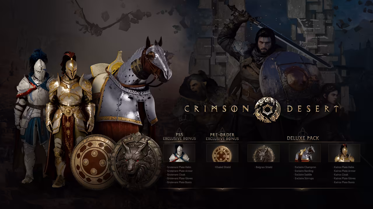 A dark banner image. At left stand a white and blue suit of plate armor, a gold suit of plate armor and a horse in steel barding, with two large ornate round shields below them. A bearded swordsman with a shield looms in the background beside the Crimson Desert logo. Five small panels at right are labeled PS5 Exclusive Bonus (the Grotevant Plate set), Pre-order Exclusive Bonus (the Khaled Shield) and Deluxe Pack (the Balgran Shield, the Exclaire horse tack and the Kairos Plate set).