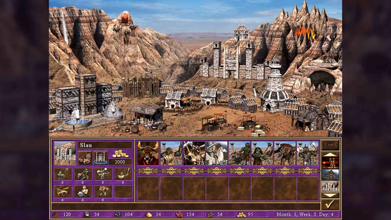 A town in a red rocky desert under a blue sky: a large walled fortress with towers, smaller stone huts and a dome. Below is a purple panel titled Slau with creature portraits and a row of nine creature portraits.