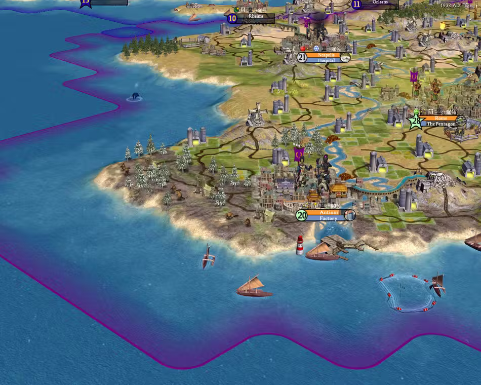 Top-down 3D map of a green coastline crowded with city buildings and factories. City labels read Rome with The Pentagon, Antium with Factory, and others. A purple band marks a border in the sea, where small ships sail.