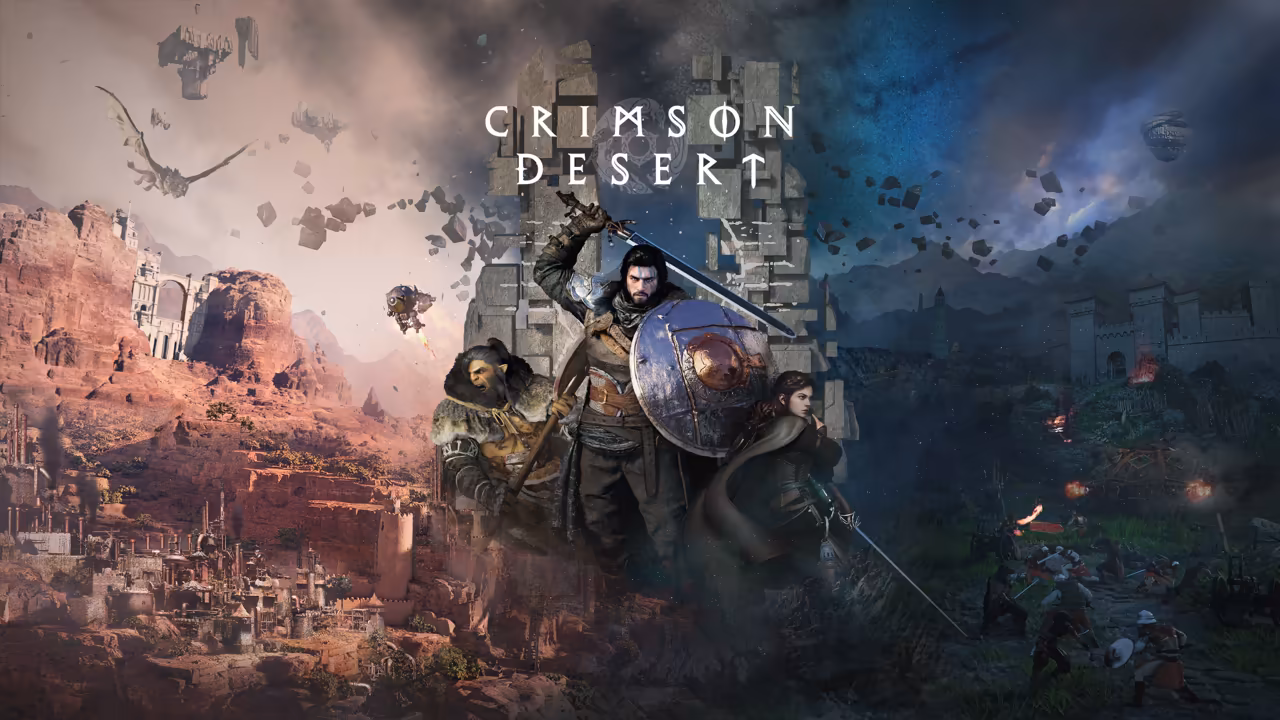 Painted key art in warm and dark tones. Three figures stand on a rise: in the middle a bearded man in dark leather and fur holds a sword overhead and a large round metal shield, at left a heavyset bearded fighter, at right a young woman with dark hair. Behind them a city of red stone spreads over cliffs, smoke and fire rise from a battlefield at right, and broken blocks of gray stone and a small airship float in the clouds. The words Crimson Desert sit at top right.