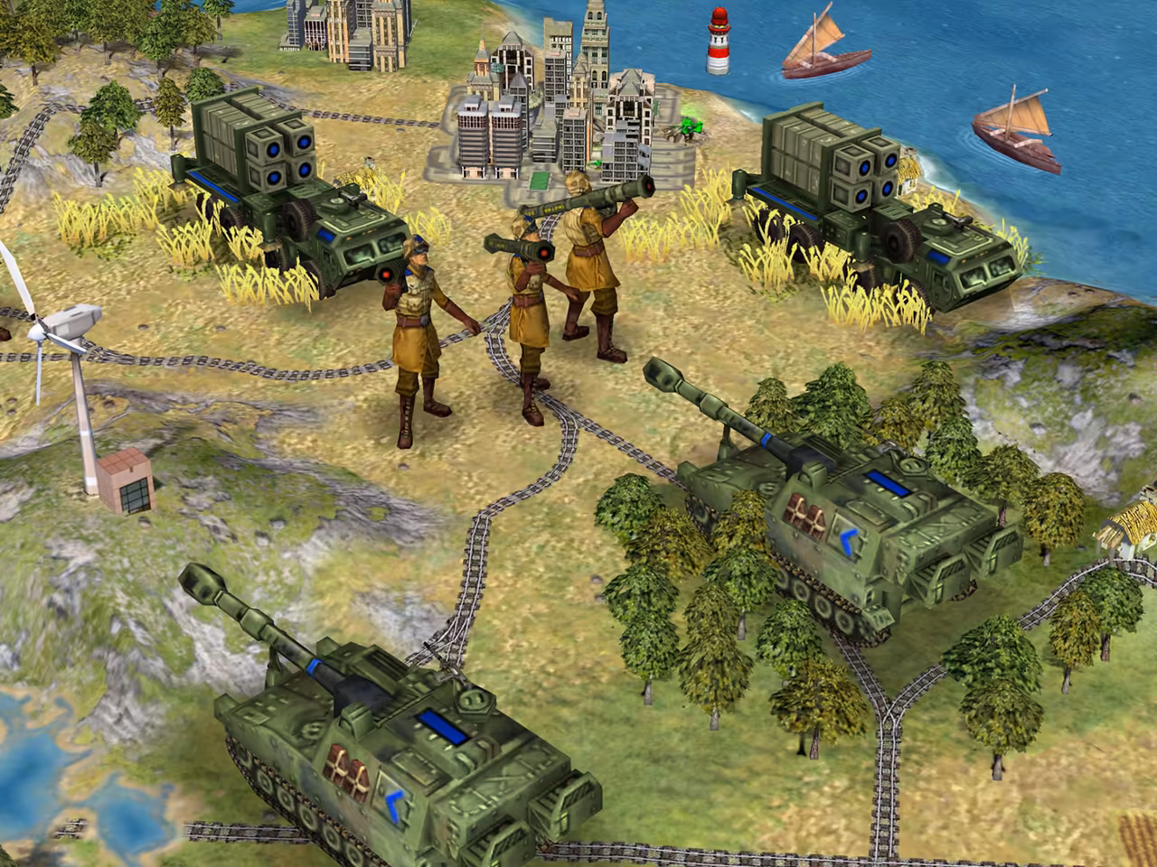 3D close view of green military vehicles with guns and launch tubes on a rail-crossed plain, three soldiers in tan uniforms in the middle, a wind turbine at left and a city with sailing ships at the top.