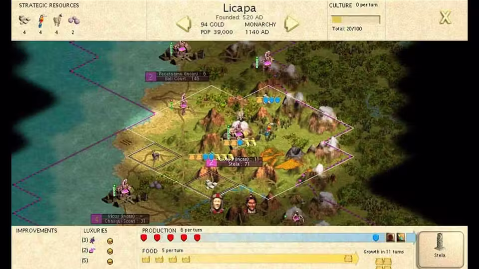A city screen: a top bar reads Licapa, Founded 520 AD, Monarchy, 1140 AD, Culture 0 per turn, Total 20 of 100, with strategic resource icons; the center shows the city's tiles on a mountainous map; the bottom shows Improvements, Luxuries, Production 6 per turn, Food 5 per turn, Growth in 11 turns and a Stela.