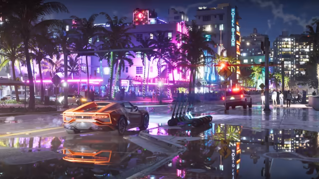 A wet street at night mirrors pink, purple and blue neon: an orange supercar with angular taillights, seen from behind, sits beside a row of parked electric scooters, facing palm trees wrapped in string lights, the pink-lit Ocean View Hotel and a white tower with a vertical Hotel Dixon sign. A police SUV with flashing lights waits at right as people walk along the sidewalk.