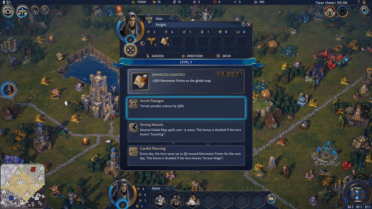 A dark blue window over a green adventure map. At the top, a hooded hero portrait with the name Ister and the class Knight, his stats and a Level 3 ribbon. Below, a scroll icon for Advanced Logistics and three option boxes, the highlighted one reading Secret Passages: terrain penalty reduces by 50%.