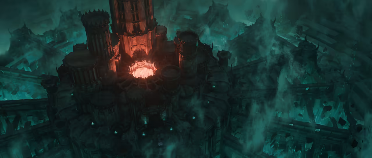 An aerial view of a black castle of cylindrical towers, its center glowing red, wrapped in green-blue fog with chunks of rock hanging in the air around it.