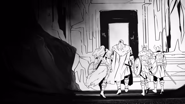 Black-and-white comic line art of four warriors seen from behind walking toward a dark doorway in a towering stone building: a long-haired woman with a shield and a weapon across her back, a tall figure in a fur-collared cloak with a sword at the hip, and two warriors in horned helmets carrying round shields, with a shadowed rock at left.