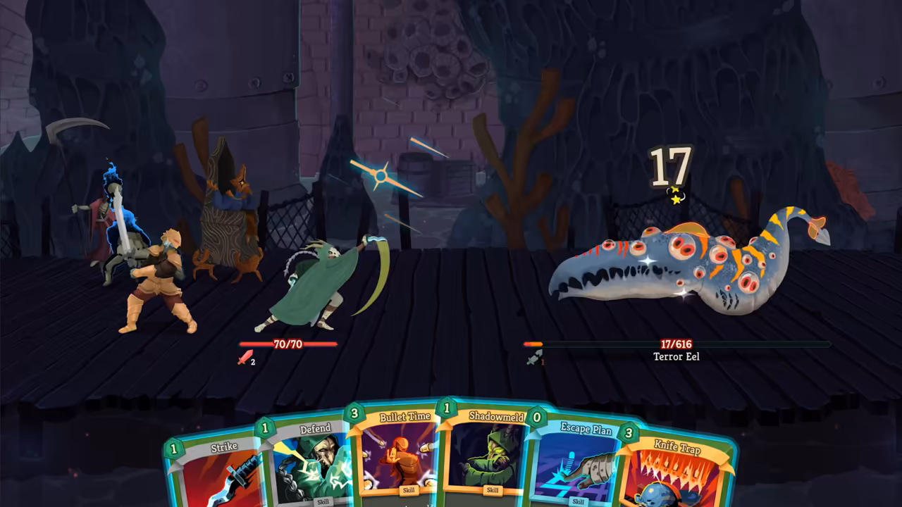 Four characters stand on dark wooden planks on the left: a skeleton with a scythe, a fighter with a sword, a hooded figure with a tall wooden headdress and a green-cloaked figure lunging with a blade. On the right a huge gray eel covered in red eyes floats over the dock with a health bar reading 17 of 616, Terror Eel, and a big 17 above it. Six cards are fanned at the bottom.