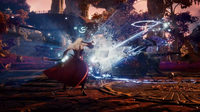 Seen from behind, a woman with long curly white hair and a flowing red gown flings an explosion of white light and ice shards across a round cobblestone plaza toward a shadowy creature caught in a ring of light; small glowing symbols float in the air, and purple and red trees, a wooden walkway and huge tree trunks fill the background under a pink sky.