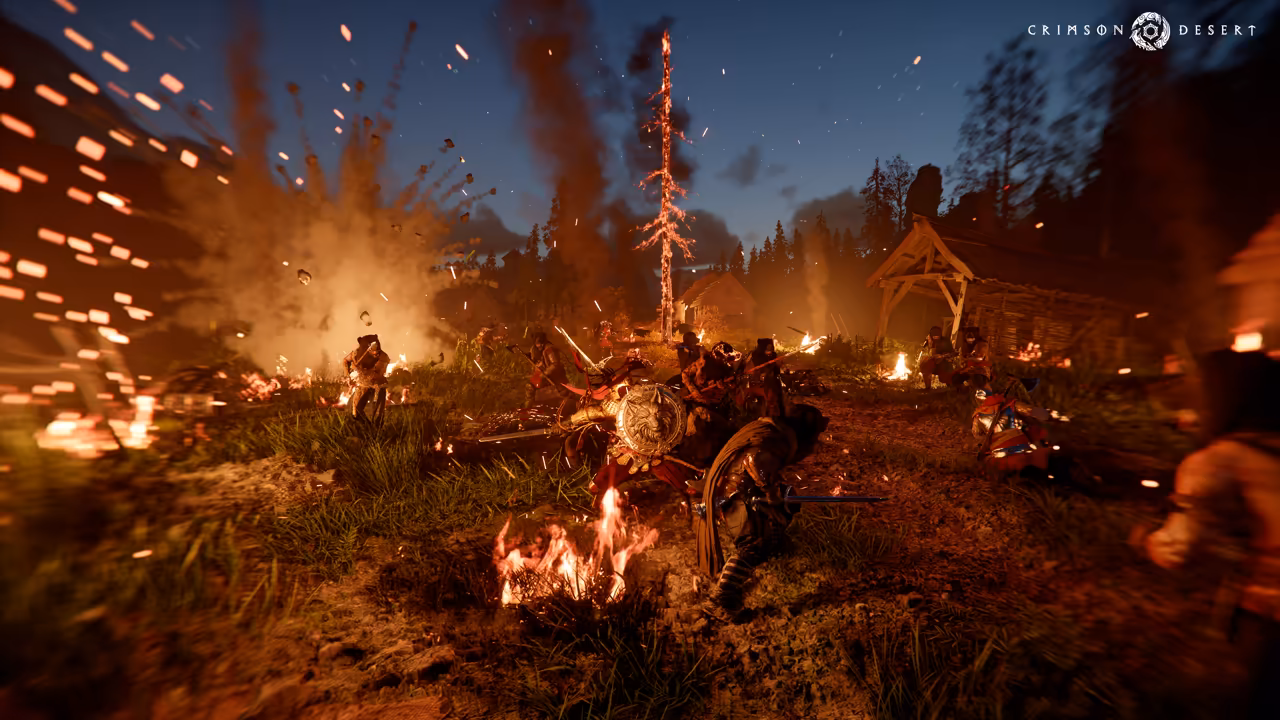 A chaotic battle at dusk in a wooded camp. In the center a cluster of warriors with round shields and swords fight at close quarters while orange embers stream through the air. A cloud of dust from an explosion rises at left, a tall tree burns with glowing red branches, and fires burn in the grass and near a wooden shelter at right.