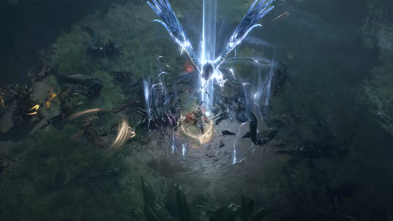 Top-down view of dark grass. A giant glowing white eagle with spread wings dives into a mass of snakes and monsters, columns of blue-white lightning striking around a single figure at the center.