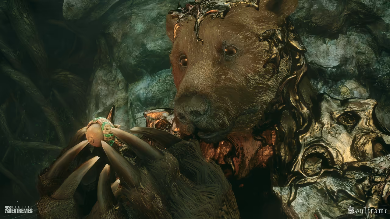 Close view in a dim cavern of tangled roots. A brown bear with amber eyes looks at a small, pale, round seed bound with green strands that it holds delicately in the tips of its long curved claws. Twisting bronze-colored growths cover its brow and spread down its shoulder into a mass shaped like a face. Digital Extremes' logo sits in the lower left corner and the Soulframe logo in the lower right.
