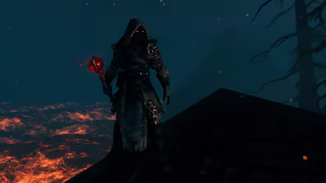 A figure in dark hooded robes with glowing eyes holds a staff topped with a red gem, standing on a dark ridge above a sea of glowing lava at night.