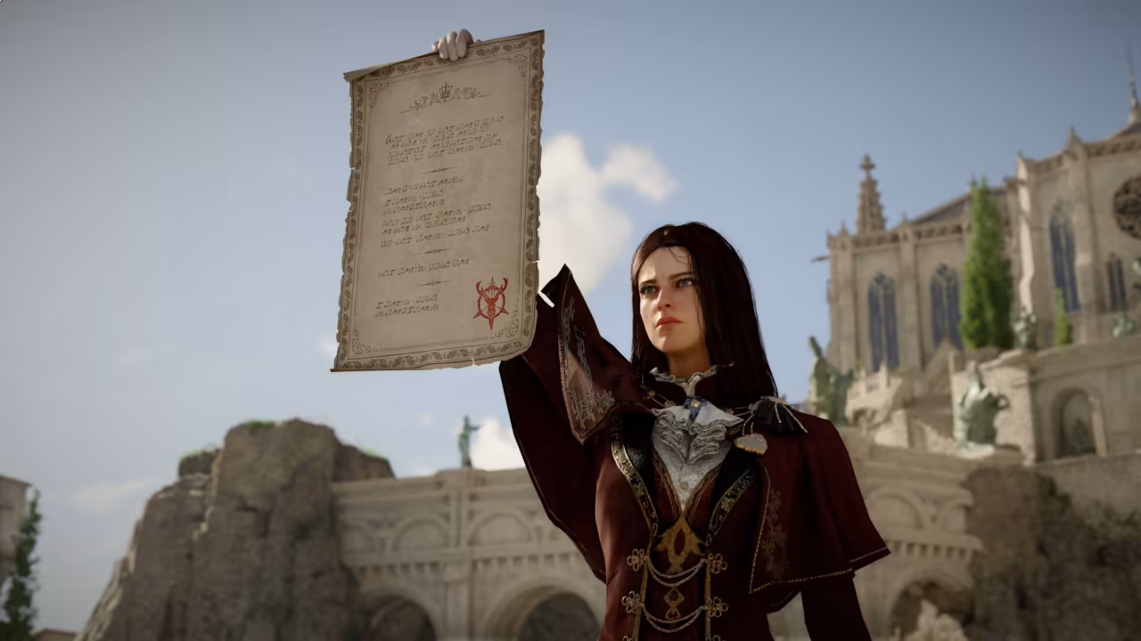 A young woman with long dark hair, in a dark red coat with a ruffled white collar and a jeweled brooch, raises a sheet of parchment with writing and a red seal in her right hand. Behind her rise a Gothic cathedral with tall arched windows, a statue on a stone bridge and a rocky outcrop.