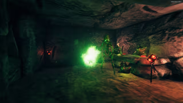 A skeleton glowing green swings a flaming green mace in a dim rock chamber; red glowing cubes sit on iron stands and sacks rest on a stone slab beside it.