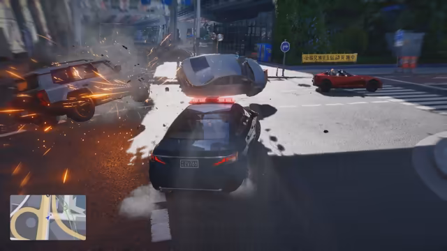 Behind a black sedan with a red light bar and the license plate ZV766, a white SUV tumbles at left trailing orange sparks and a gray sedan flips over in front, while a red convertible drives off at right past a yellow road-safety banner in Chinese characters. A minimap sits at bottom left.