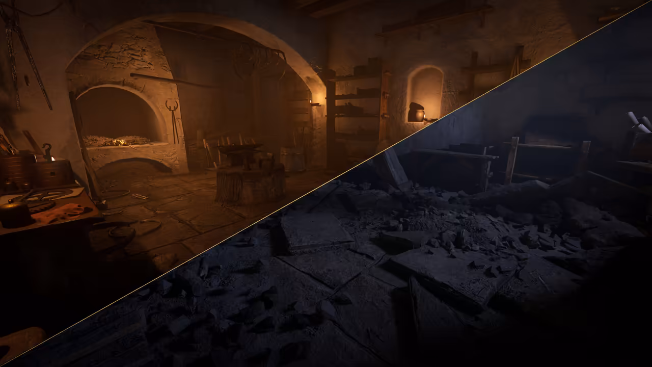 An image split by a diagonal line: at upper left a warm vaulted smithy with an arched furnace, anvil and tools on shelves; at lower right the same room dark and wrecked, its floor covered in rubble.