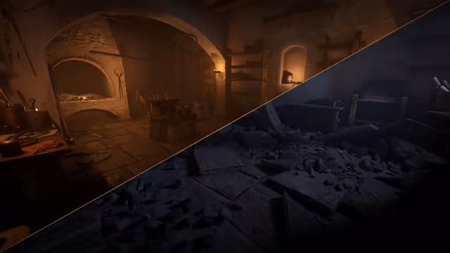 An image split by a diagonal line: at upper left a warm vaulted smithy with an arched furnace, anvil and tools on shelves; at lower right the same room dark and wrecked, its floor covered in rubble.