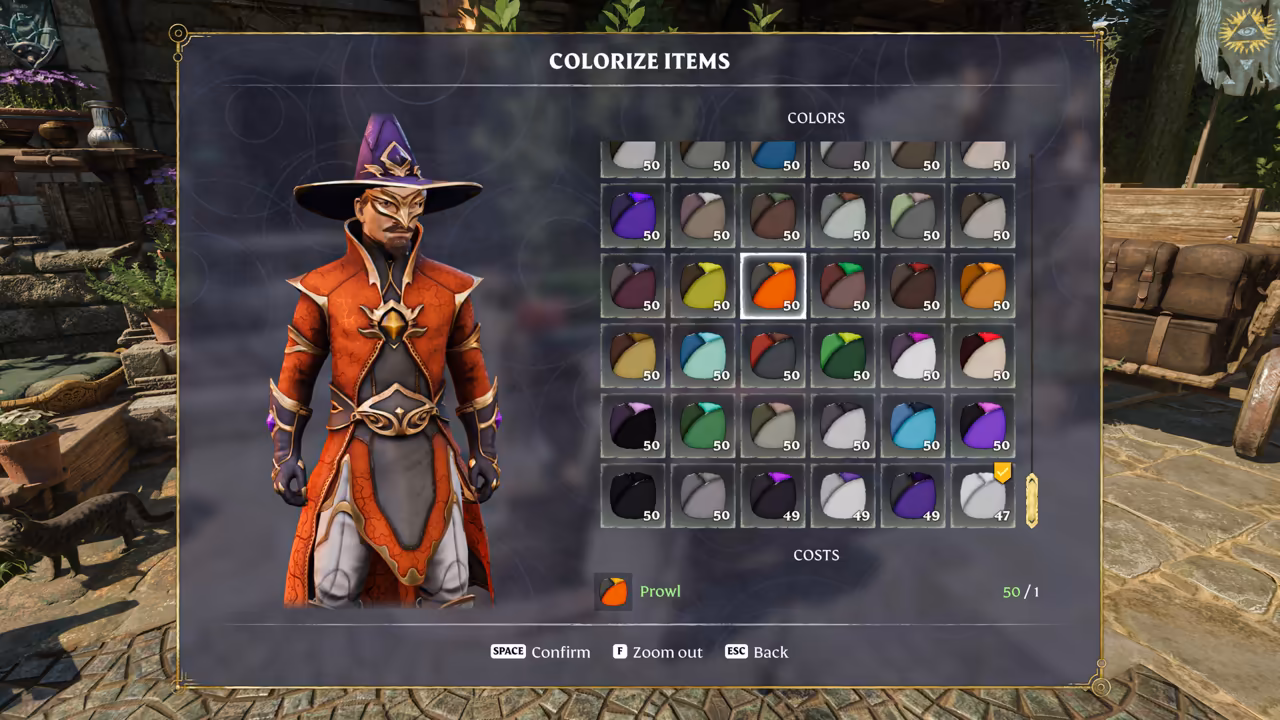 A menu titled Colorize Items over a stone-floored base with plants and chests. At left stands a masked figure in a tall purple hat with a wide brim, an orange long coat with gold trim over a dark tunic, and white trousers. At right is a grid of round color swatches, each marked with a count, and below it Costs: Prowl, 50 of 1.