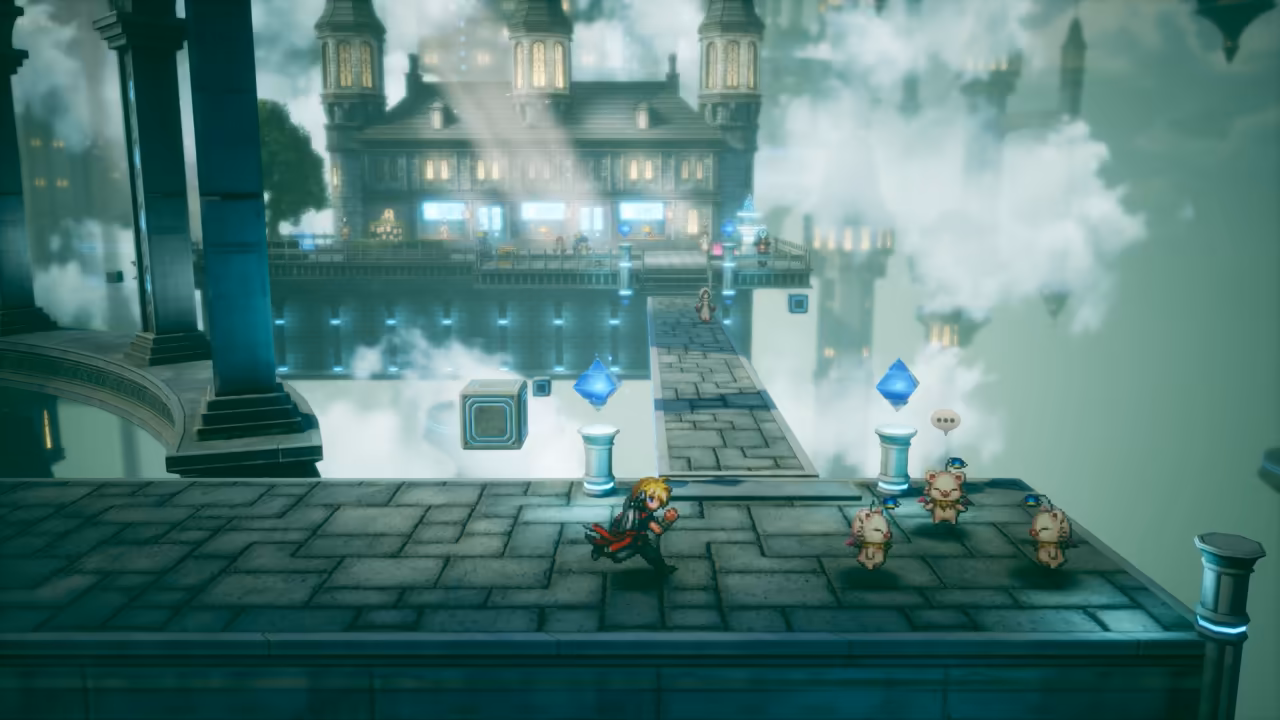 A pixel-art character on a stone bridge among cloud-wrapped towers and a large mansion; two blue diamond crystals stand on pedestals and three small white moogles with red pompoms stand nearby, one with a speech bubble.