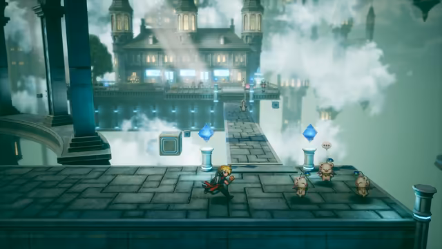 A pixel-art character on a stone bridge among cloud-wrapped towers and a large mansion; two blue diamond crystals stand on pedestals and three small white moogles with red pompoms stand nearby, one with a speech bubble.