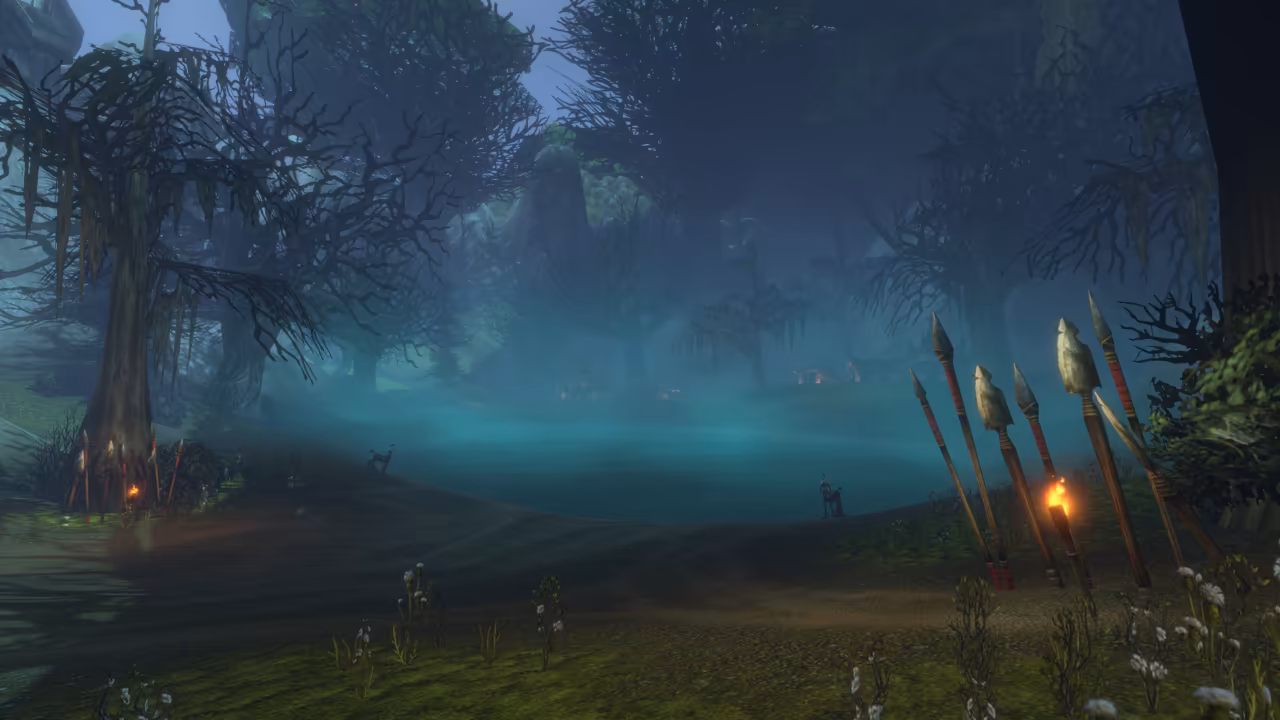 A still lake glows teal under drifting mist in a dark forest of gnarled trees hung with moss, with warm lights from pointed buildings and tents on the far shore. Two centaurs stand on the near bank, and stone-tipped spears with red bindings and a burning torch stand in the grass in front.