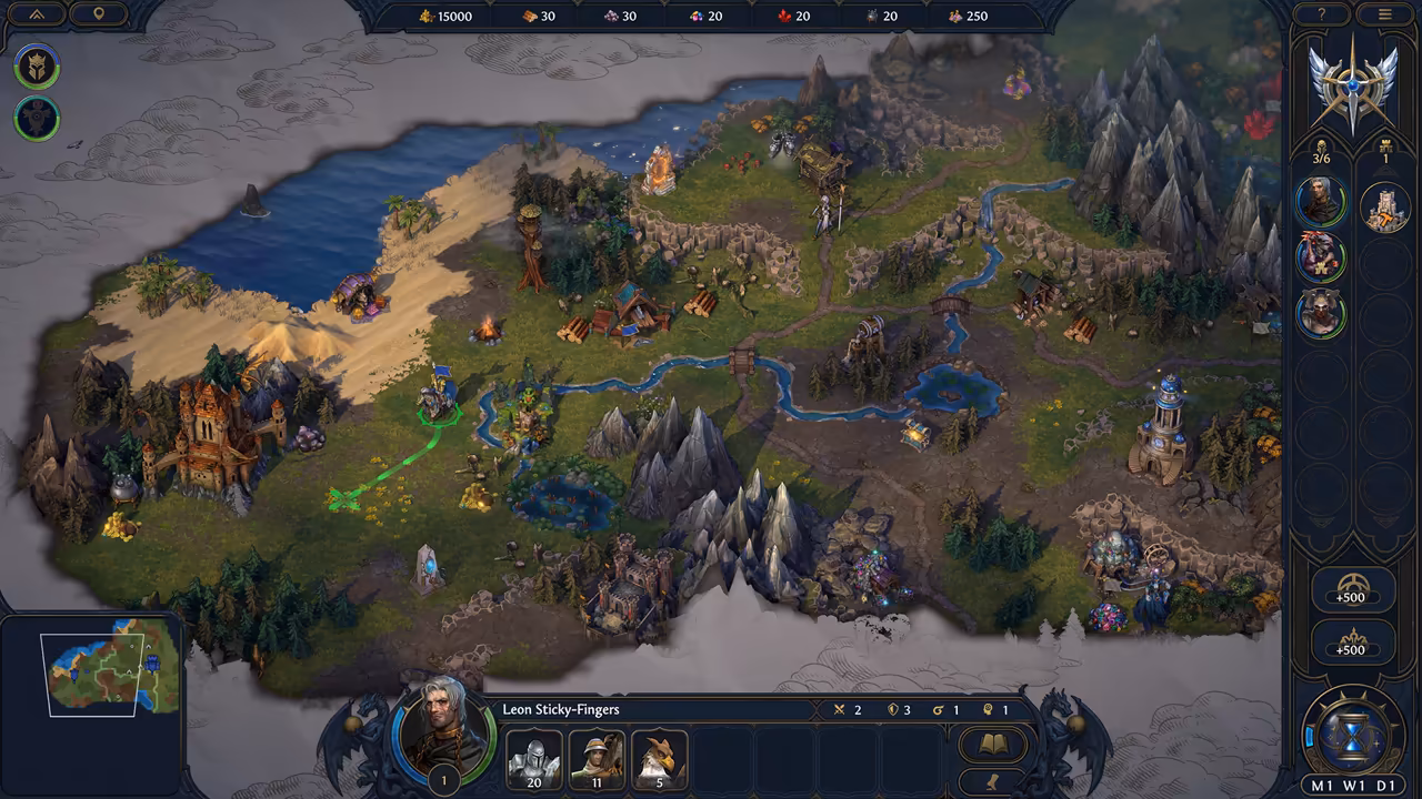 A torn-parchment patch of map in full color: a beach and sea at the top left, a castle on the left, rivers, gray mountain peaks and scattered buildings and treasure. A green arrow leads from a mounted hero. The bottom bar shows the portrait of Leon Sticky-Fingers with three creature stacks, the top bar lists resources starting at 15000 gold, and the right column holds hero and town buttons.