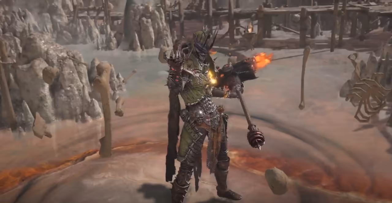 A front view of an armored warrior in heavy dark plates over green, holding a spiked mace at his side, in a pale foggy arena with bones and boulders and a spidery shape in the background.