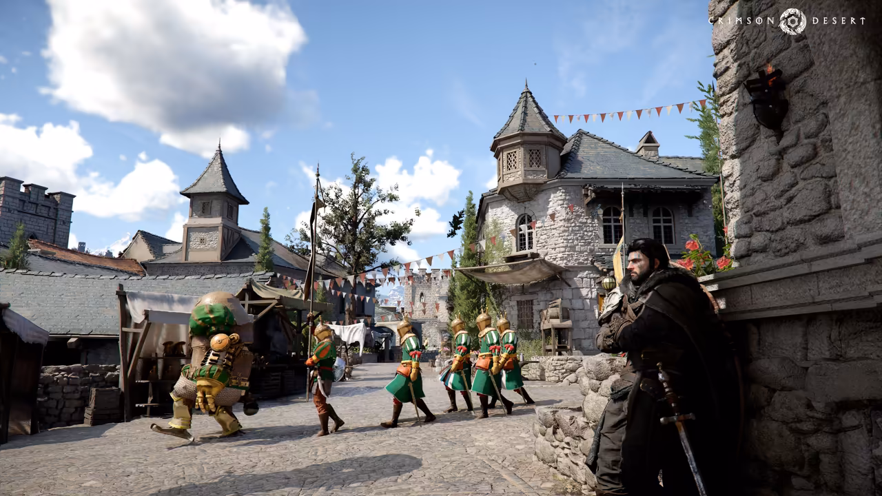 A sunny cobbled street of stone houses with slate roofs, turrets and strings of red pennants. At right a bearded man in a dark cloak leans against a stone wall with a sword at his side. A file of guards in green and gold uniforms with helmets and spears marches past, and at left a short, round figure in green and gold walks with a large bundle.