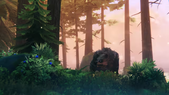 A shaggy dark bear stands behind ferns and blueberry bushes among tall pine trunks in a hazy pink-lit forest.