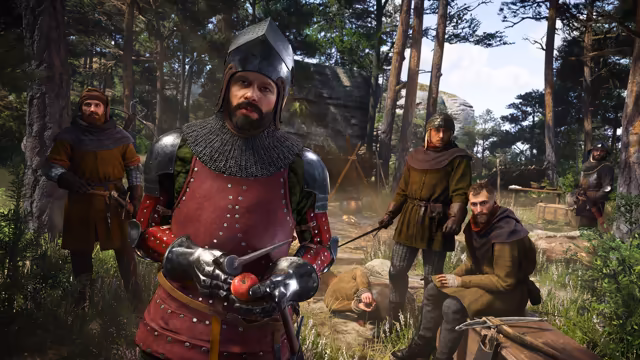 A bearded man in a steel brimmed helmet, mail and a studded red vest holds a knife and a red apple in steel gauntlets. Behind him in a pine wood, men in brown and green clothes with weapons, one seated, and a man lying on the ground.