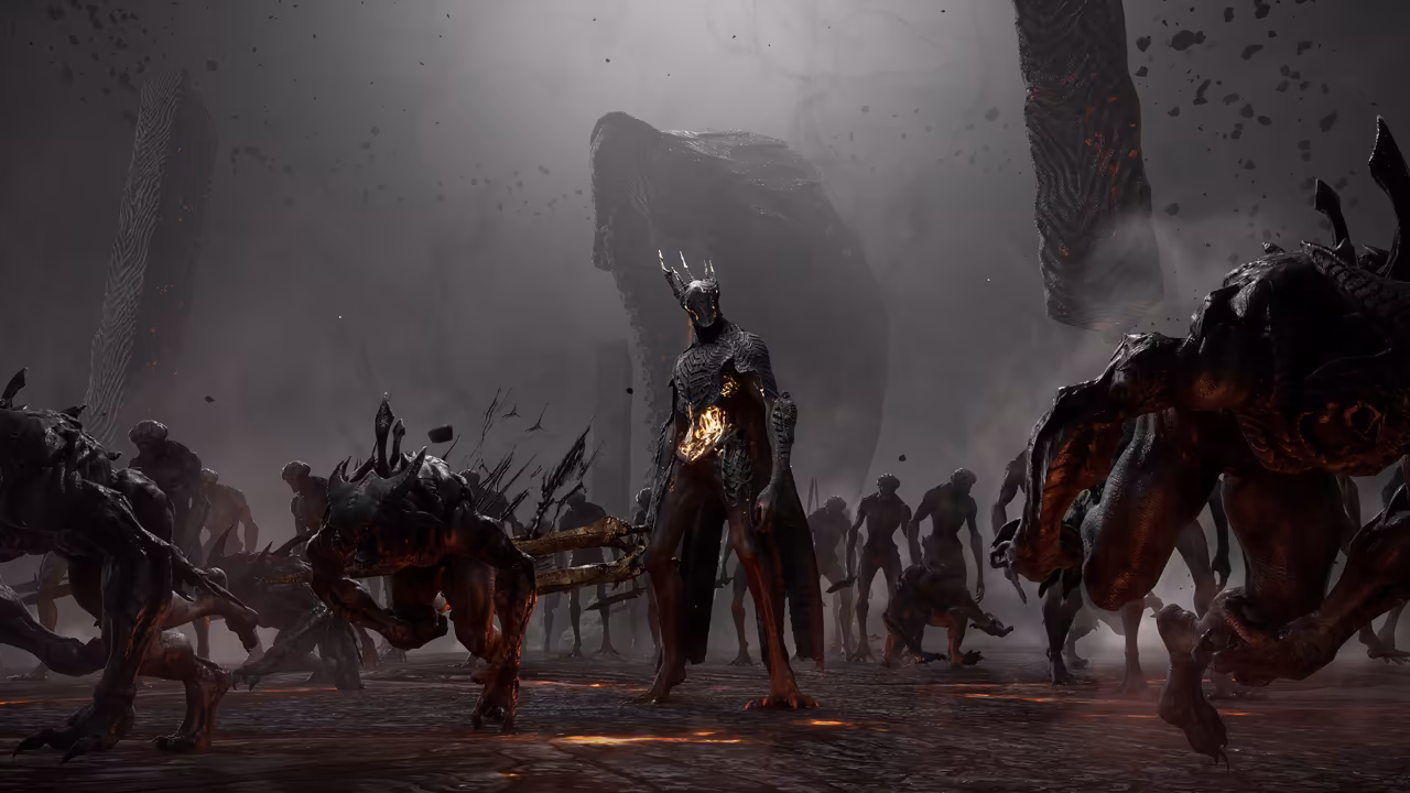A gray, smoky wasteland of ash and glowing cracks. At the center stands a tall, thin figure in dark ridged armor and a spiked crown, a burning orange glow showing through its chest. Around it crowd dozens of hunched, black, clawed creatures and pale gaunt figures, the nearest ones lunging past on both sides. Tall dark stone slabs with molten seams hang in the air, and an enormous dark shape looms in the fog behind. No game interface is shown.