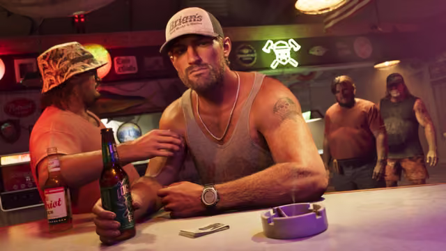 A man in a trucker cap reading Brian's and a gray tank top leans on a bar counter holding a beer bottle, next to a man in a patterned bucket hat and sunglasses; two more men stand behind them in a bar lit by neon signs.