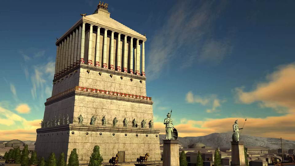 Rendered view of a tall rectangular monument: a stone base with a row of statues, a colonnade above and a stepped roof, with statues on pedestals in the foreground and orange clouds behind.