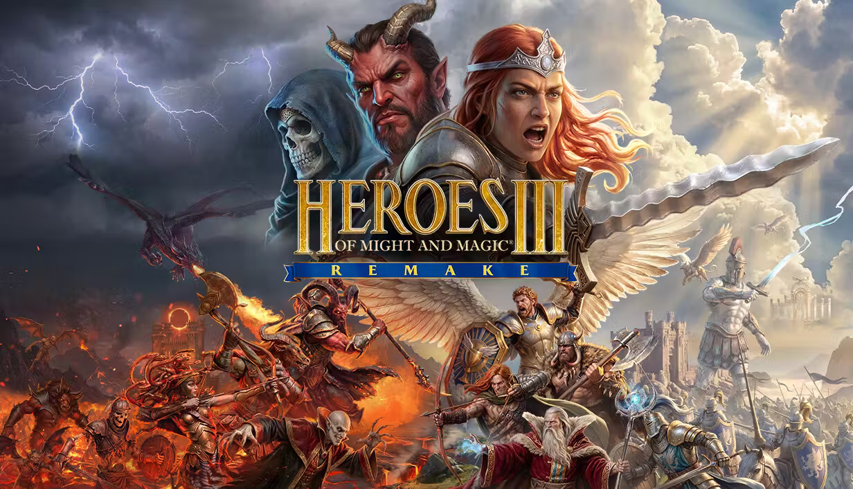 Painted key art. A woman with long red hair and a silver circlet, in plate armor, points a wavy sword at the viewer. Behind her stand a red-skinned man with ram horns and a skull face in a dark hood. Below, fire and demons fill the left, while an angel, knights, an archer and a white-bearded wizard fill the right, under storm clouds and a giant statue. The logo reads Heroes III of Might and Magic Remake.
