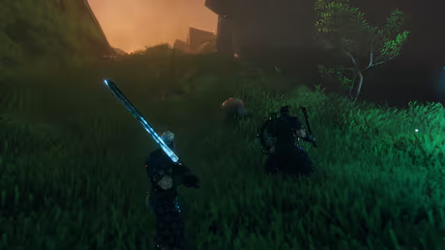 In-game screenshot: two armored Vikings, one holding a glowing blue sword and one with a crossbow on his back, face a round reddish-brown tick-like creature on thin legs in tall green grass under an orange sky