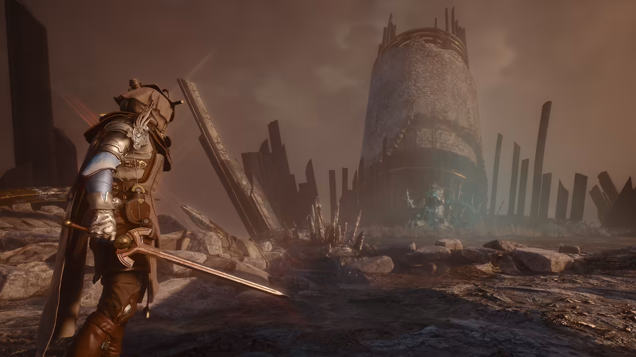 A dusty, desolate landscape. In the left foreground a figure in a brown hood and plate armor with a blue sleeve holds a long sword low. Across cracked, rocky ground stand broken black spires and slabs jutting from the earth at angles, and in the middle a tall, round, ruined stone tower with a jagged crown. At its base something crystalline glows pale teal in the haze. No game interface is shown.