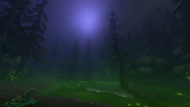 Tall dark pines and bare branches stand in thick purple-lit fog around a winding stream of bright green liquid dotted with glowing lumps. Stags glowing green stand at the edges of the forest on both sides, and a slimy green shape with finger-like spikes lies in the foreground.