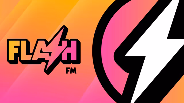 Yellow-to-pink block letters spelling Flash, a lightning bolt standing in for the S, with FM beneath, on a diagonal orange and pink gradient, beside a large black ring holding a white lightning bolt that runs off the right edge.
