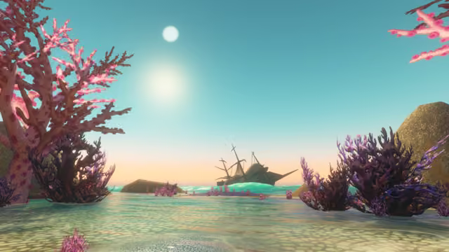 Branching pink coral trees and dark purple coral clumps rise from shallow, sunlit water over a pale sandy floor, framing a view to the horizon. In the middle distance a wooden ship with broken masts lies tilted on a rolling turquoise wave near low rocks, under a bright sun in a teal sky.