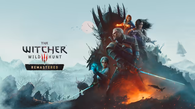 Official artwork on a pale blue misty background: the white-haired Geralt in armor holds a long blue-lit sword at the center, a young ashen-haired woman with a glowing blue hand crouches at lower left, and a red-haired woman with fire in her hand and a dark-haired woman in black stand behind him on a black spiked crag. At left the logo reads The Witcher Wild Hunt – Remastered, and a stag, a winged beast and a distant ship fill the mist.