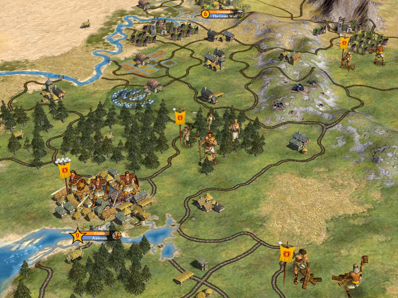 3D map of grassland crossed by brown roads and blue rivers, small towns and farms, groups of units with yellow banners, and a label at the top reading Tiwanaku, The Great Wall.
