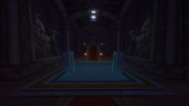 A dark stone hall with interlaced carvings on its pillars and huge statues of bearded, helmeted figures on either side leads past a square pool edged in riveted metal to a red-carpeted staircase with lit braziers and a carved doorway at the top. A faint pale figure stands at the foot of the stairs, and a lantern hangs from the vaulted ceiling.